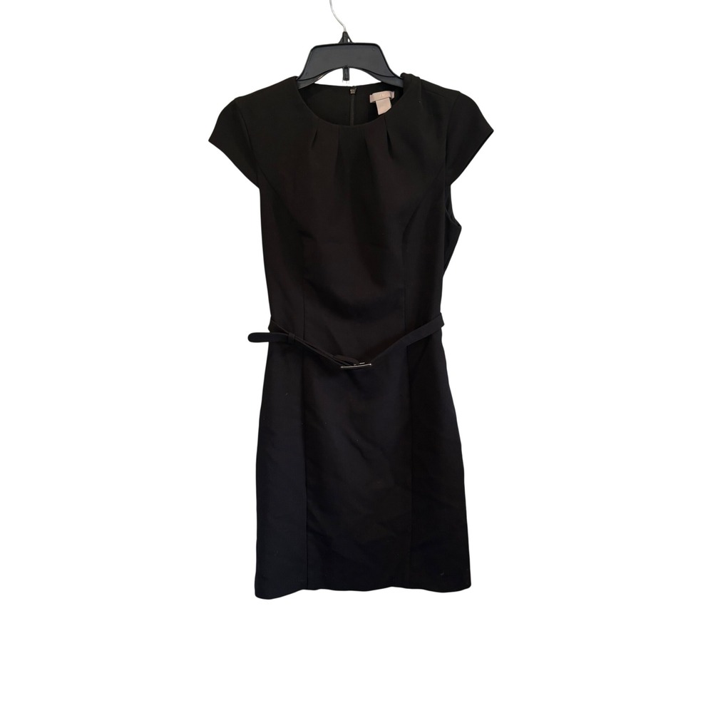 Corporate Chic Black Belted Cap Sleeve Sheath Dress Career Office Siren Small